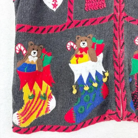 Vintage Holiday Grannycore Knit Zip Front Vest L Festive Ugly Christmas Sweater - Picture 4 of 13